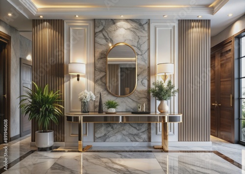 Elegant luxury foyer features a stunning 3D marble wall design, complemented by a sleek and modern console table, exuding sophistication and refined taste. photo
