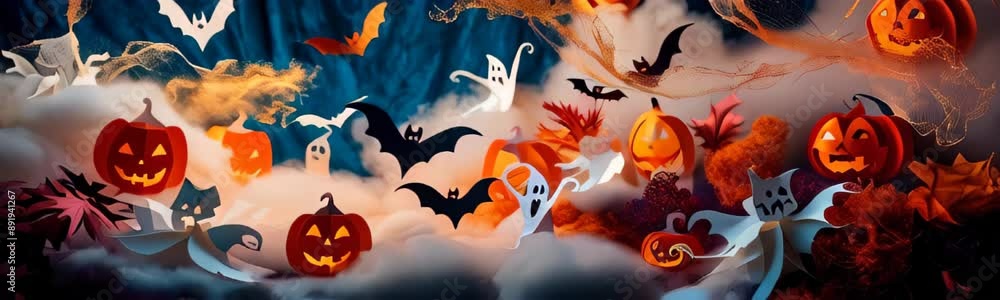 Halloween background with ghosts, bats, and jack-o-lanterns against white smoke backdrop. Copy space template web banner. Handmade craft origami decorations Halloween background with ghosts, bats, and jack-o-lanterns against white smoke backdrop. Copy space template web banner. Handmade craft origami decorations