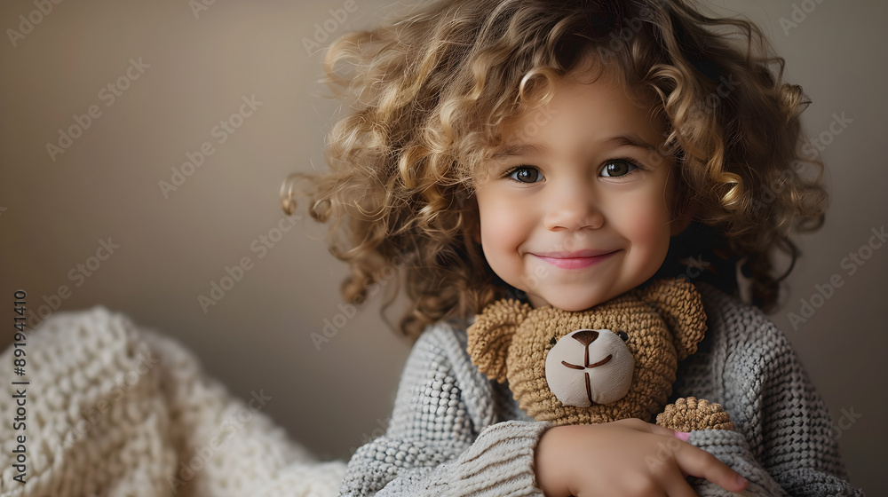 Joyful child with curly hair cuddling a teddy bear in a cozy sweater, perfect for family, childhood themes, marketing, and greeting cards. Joyful child with curly hair cuddling a teddy bear in a cozy sweater, perfect for family, childhood themes, marketing, and greeting cards.