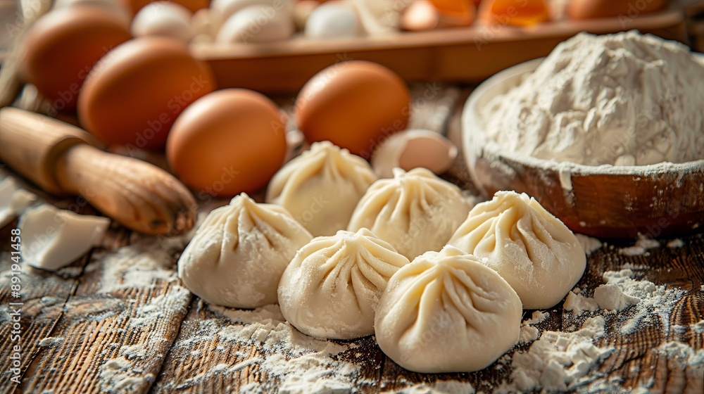 A close-up of freshly made dumplings on a floured wooden surface, surrounded by eggs and other cooking materials, highlighting the art of homemade cuisine. A close-up of freshly made dumplings on a floured wooden surface, surrounded by eggs and other cooking materials, highlighting the art of homemade cuisine.
