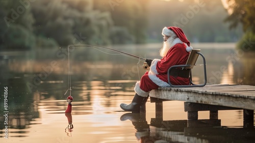 Santa Claus is sitting comfortably on a chair with a fishing rod at a calm lakeside, enjoying a peaceful moment surrounded by nature during the holiday season under warm sunlight.