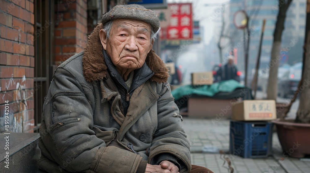 Fototapeta premium Starving elderly Asian individual with old torn garments sitting on the sidewalk in a busy city tears visible on their face Stock Photo with copy space
