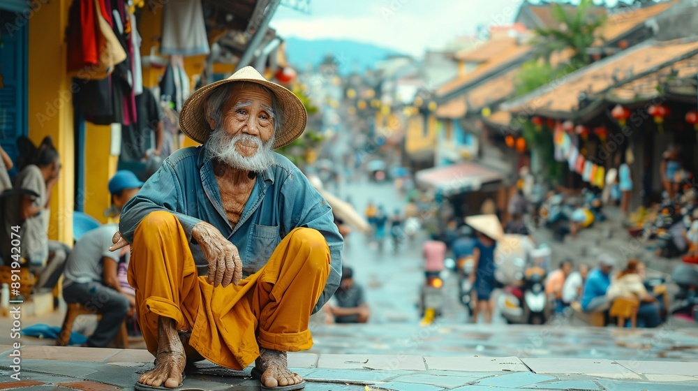 Starving elderly Asian individual with worn-out garments sitting on the ground in a crowded city tears visible on their face Stock Photo with copy space Starving elderly Asian individual with worn-out garments sitting on the ground in a crowded city tears visible on their face Stock Photo with copy space