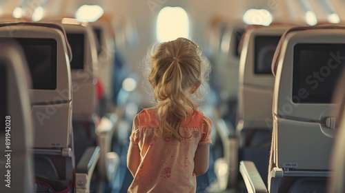 A child with a ponytail wanders alone down an airplane aisle, suggesting themes of adventure, exploration, and the eagerness of youth in a modern travel environment.