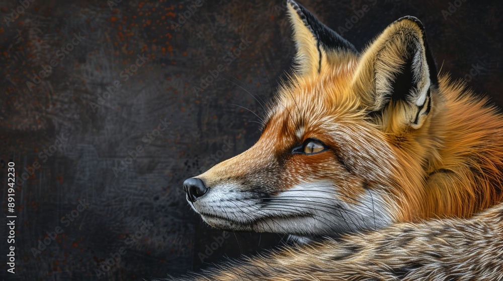 Obraz premium A side profile of a striking red fox captured against a dark background. The fox's sharp features and rich fur color stand out prominently, creating a dramatic contrast.