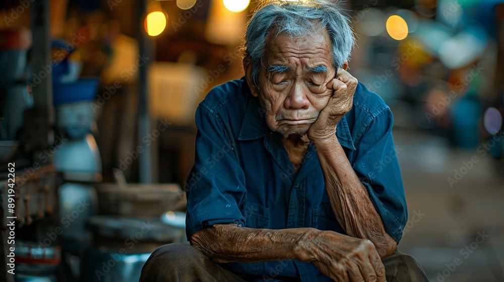Distressed elderly Asian person with worn-out clothing sitting in an urban alley tears streaming down their face Stock Photo with copy space Distressed elderly Asian person with worn-out clothing sitting in an urban alley tears streaming down their face Stock Photo with copy space