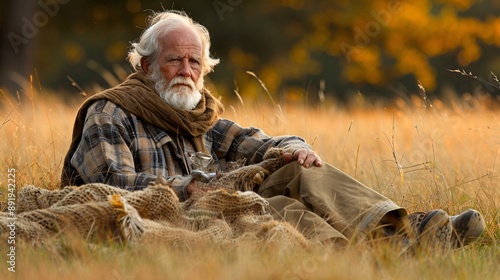 Elderly European individual with torn clothes sitting alone in a rural field showing signs of distress and hunger Stock Photo with copy space