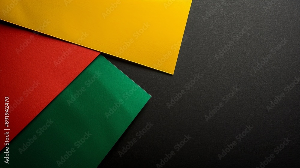 Three overlapping papers in vibrant colors (yellow, red, and green) set against a dark background, creating a simple yet striking abstract image ideal for contemporary design projects. Three overlapping papers in vibrant colors (yellow, red, and green) set against a dark background, creating a simple yet striking abstract image ideal for contemporary design projects.