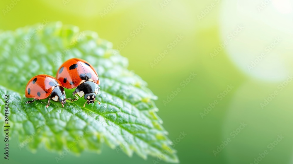 Close-up of two ladybugs on a green leaf with a bright, blurred background, showcasing nature's beauty and tiny wildlife. Close-up of two ladybugs on a green leaf with a bright, blurred background, showcasing nature's beauty and tiny wildlife.