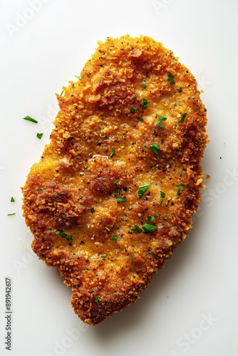 A close-up photograph of a breaded chicken cutlet ready for frying, crispy and well-seasoned, top-down view.