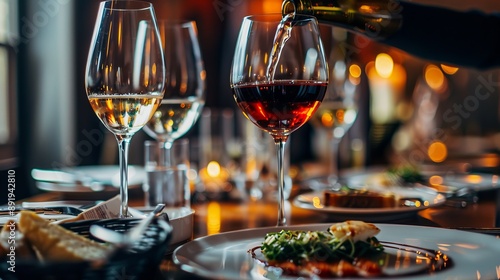 A beautifully arranged dining setting featuring glasses of white and red wine, capturing the elegance and sophistication of a fine dining experience. photo