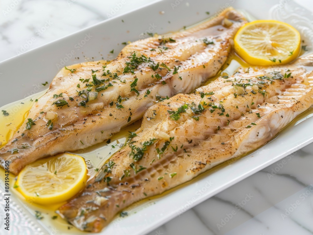 A white rectangular plate with two fillets of large flaky catfish A white rectangular plate with two fillets of large flaky catfish