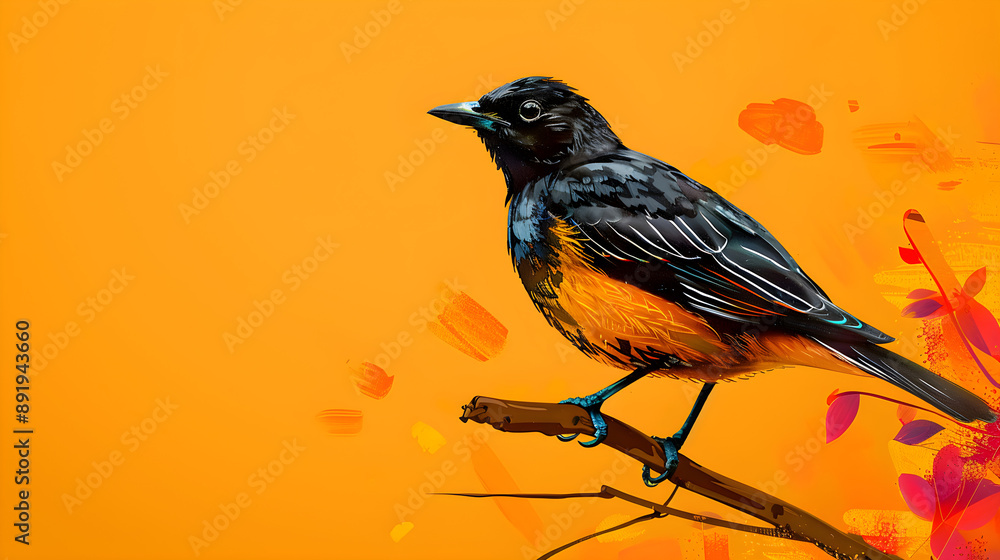 Fototapeta premium Vibrant oriole perched on a branch against a warm orange backdrop, incorporating artistic floral elements. Perfect for wildlife, nature lovers, and bright promotional materials.