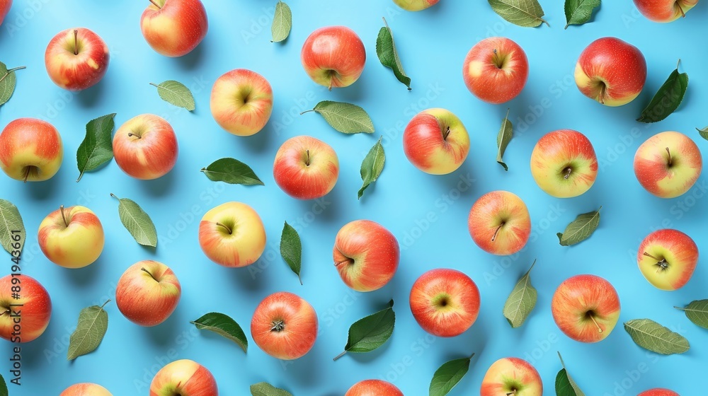 Fresh apples from above on blue background Fresh apples from above on blue background