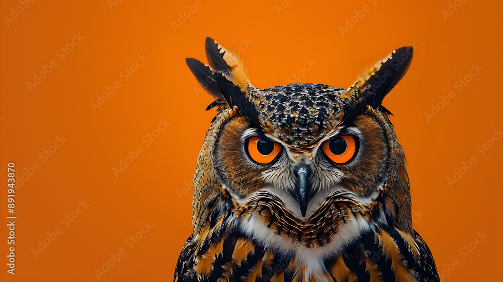 Fototapeta premium Captivating owl against a vibrant orange backdrop, showcasing its piercing eyes and intricate feather patterns. Perfect for wildlife enthusiasts and nature-themed projects.