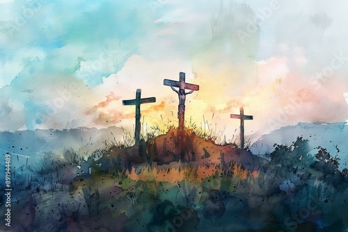 Crosses of Jesus Christ on the hill. Digital watercolor painting, Generative AI