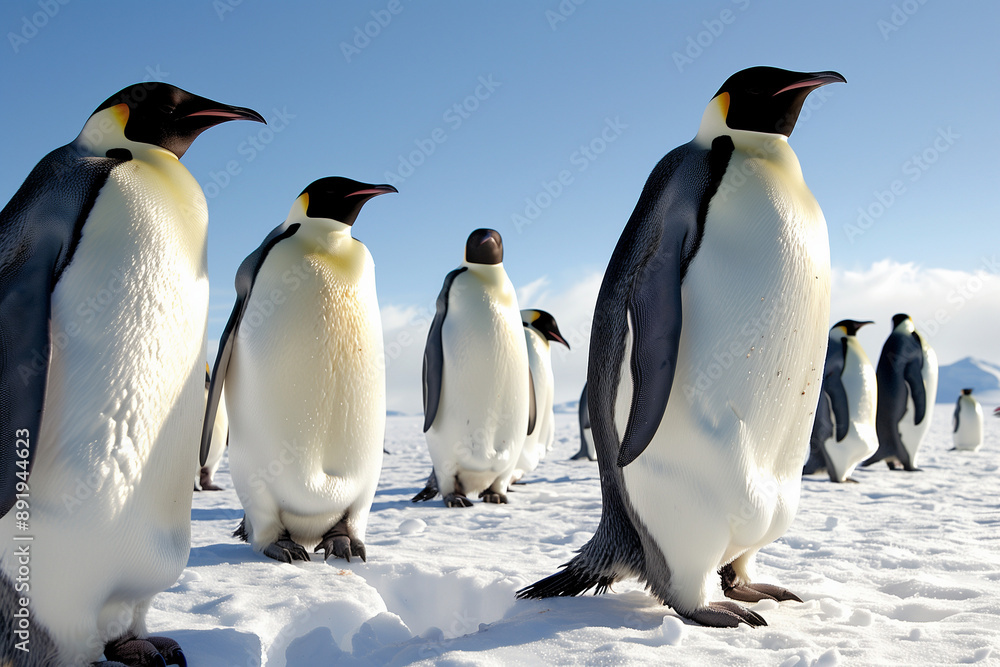 Fototapeta premium A group of Emperor penguins stands together on a snowy landscape under a clear blue sky