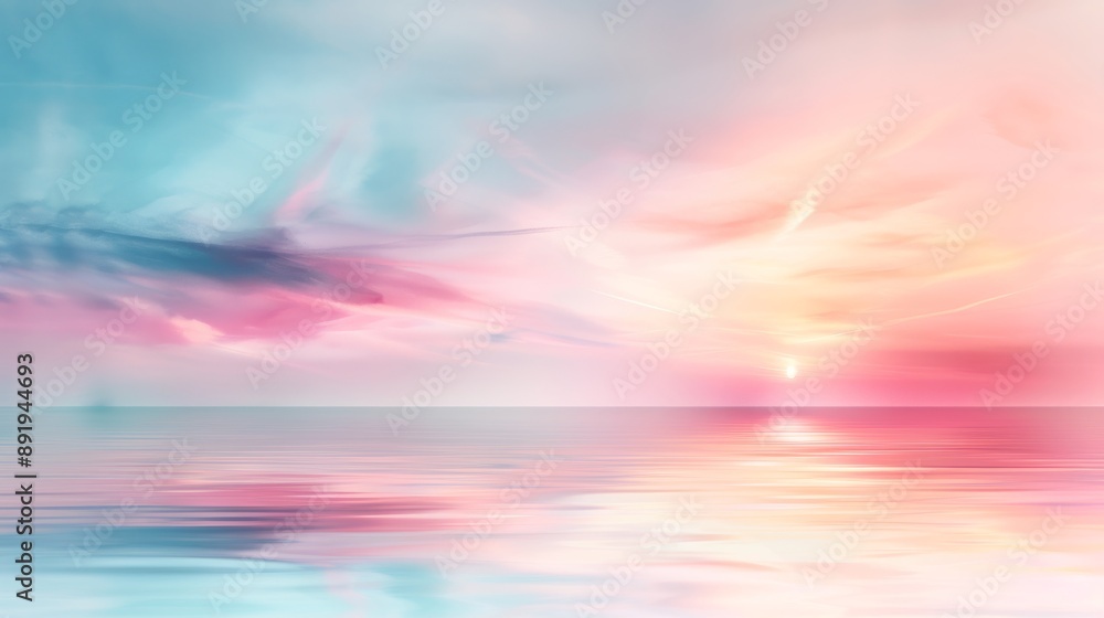 Dreamy pastel sunset over calm ocean waters with a softly blended sky reflecting pink, blue, and purple tones, creating a serene atmosphere. Dreamy pastel sunset over calm ocean waters with a softly blended sky reflecting pink, blue, and purple tones, creating a serene atmosphere.