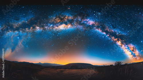 Panoramic shot of the universe space featuring the Milky Way galaxy with stars against a night sky background, highlighting the cosmic beauty and celestial wonders of the universe. © Mahemud