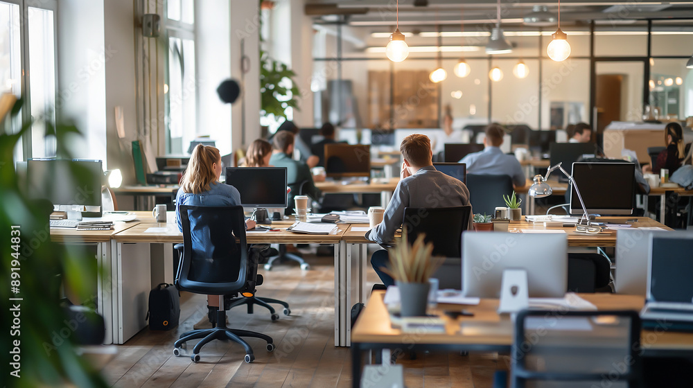 a busy modern office with people working at clean desks, bright and energetic atmosphere a busy modern office with people working at clean desks, bright and energetic atmosphere