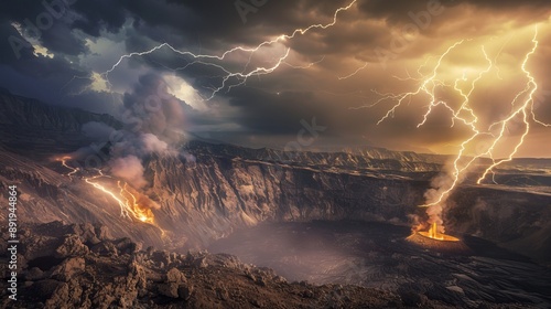 A stunning view of a hidden volcanic caldera with steaming fumaroles and a dramatic lightning storm flashing across the sky, Volcanic caldera scene, Lightning style photo