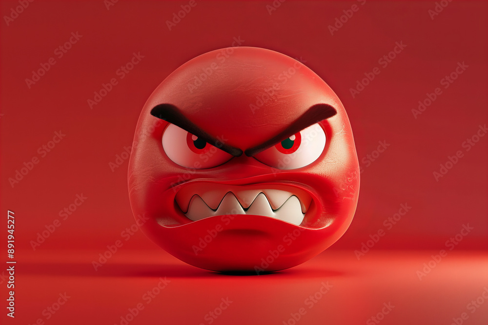 Naklejka premium red 3D angry face emoji, featuring a frowning mouth and furrowed brows, set against a solid red background. The intense expression and vibrant color convey strong feelings of anger and frustration