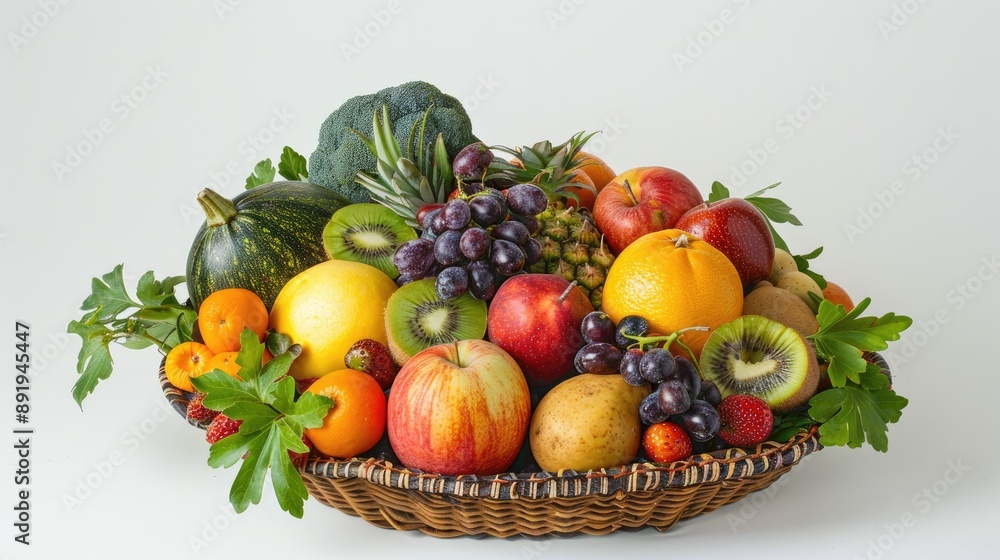 Studio photo of assorted fruits and veggies in a basket on a white background high quality resolution Studio photo of assorted fruits and veggies in a basket on a white background high quality resolution