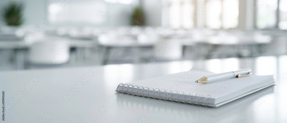 Empty classroom with a spiral notebook and pen on the desk, depicting an educational environment ready for learning and teaching. Empty classroom with a spiral notebook and pen on the desk, depicting an educational environment ready for learning and teaching.
