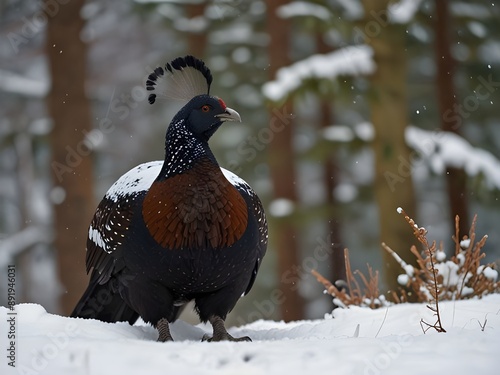 Capercaillie bird standing in fresh snow Generative AI