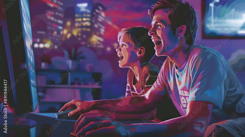Sport fans. Joyful father and son watching online game on laptop computer and cheering, enjoying time together at home. Sport fans. Joyful father and son watching online game on laptop computer and cheering, enjoying time together at home.