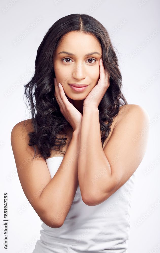 Portrait, hair care and woman with shine, volume and cosmetics on white studio background. Face, person and model with beauty, texture and glow with grooming routine, keratin treatment or dermatology Portrait, hair care and woman with shine, volume and cosmetics on white studio background. Face, person and model with beauty, texture and glow with grooming routine, keratin treatment or dermatology
