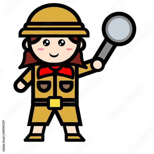 female archaeologist holding magnifying glass