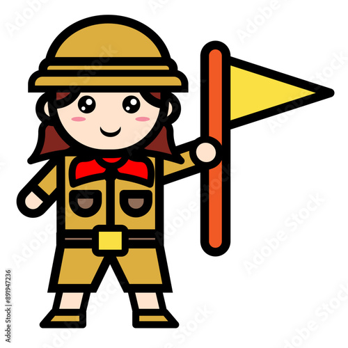 female archaeologist holding flag