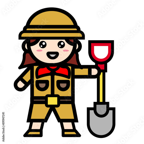 female archaeologist holding shovel