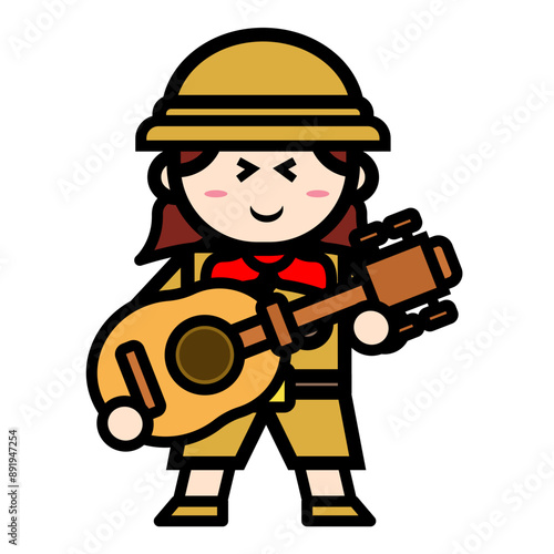 
female archaeologist playing the guitar