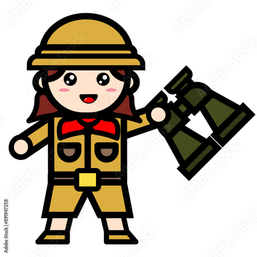 female archaeologist holding binoculars