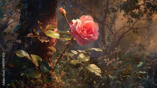 Blooming pink rose under tree s shade