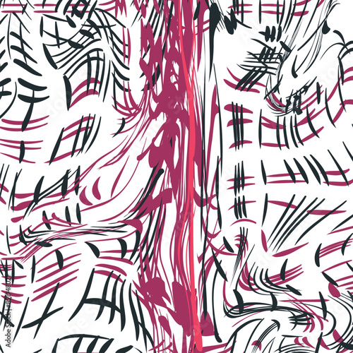 Abstract distorted picture with spots and lines. The art has a red vertical stripe in the middle.