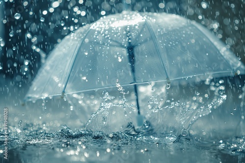 A transparent umbrella shields against raindrops amidst a splash of water