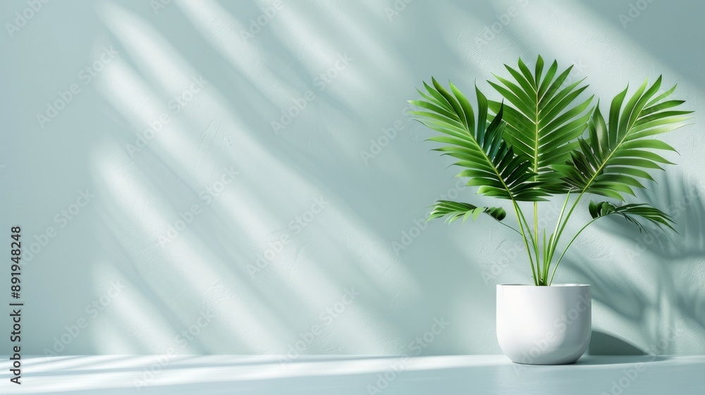 Minimalist interior with a vibrant green plant in a white pot placed on a light background, bathed in natural sunlight. Minimalist interior with a vibrant green plant in a white pot placed on a light background, bathed in natural sunlight.