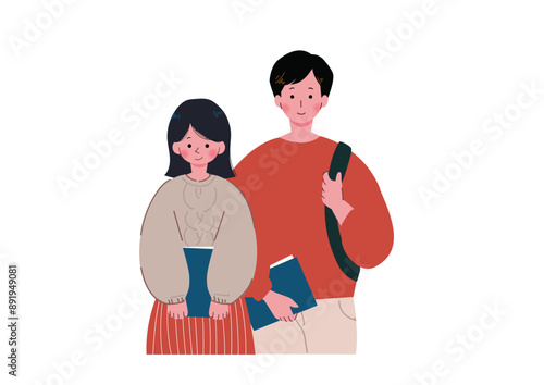 教科書を持って並ぶ日本人学生の男女のイラスト