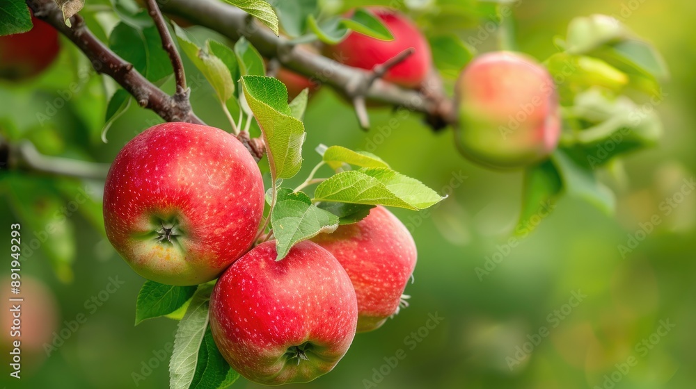 Close up of red apples on a branch of a slender apple tree with space for text Close up of red apples on a branch of a slender apple tree with space for text
