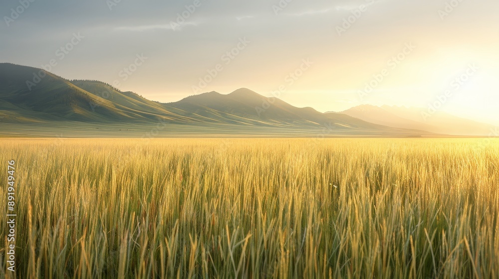 Serene wheat field at sunset with mountains in the background, bathed in warm golden light. Perfect for nature and landscape themes. Serene wheat field at sunset with mountains in the background, bathed in warm golden light. Perfect for nature and landscape themes.