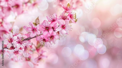 Pink cherry blossom branch in garden horizontal outdoor image with blank space