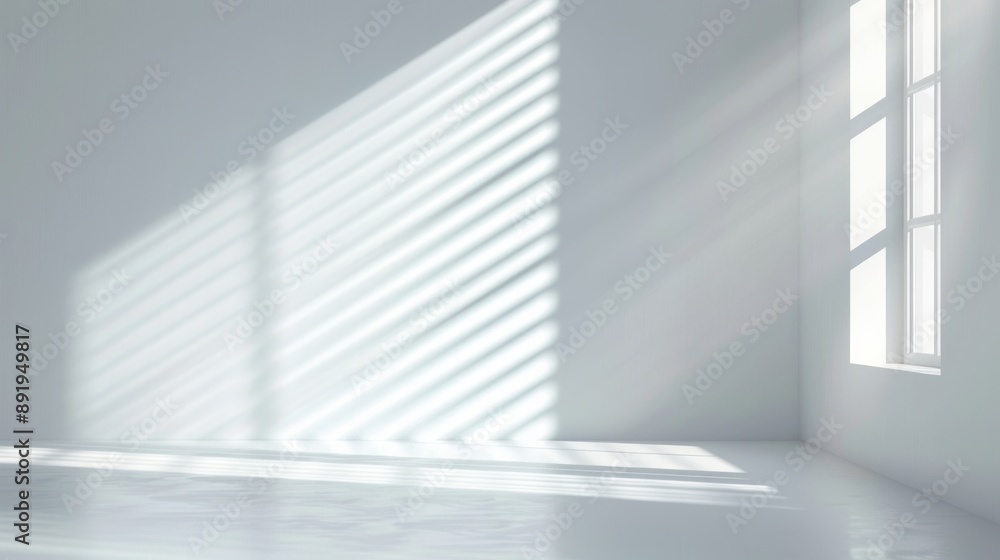 Sunlight casting striped shadows through a window into an empty white room, creating a minimalistic and serene atmosphere. Sunlight casting striped shadows through a window into an empty white room, creating a minimalistic and serene atmosphere.