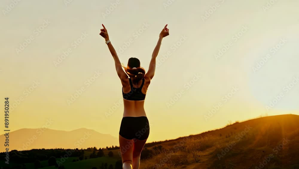 Running to Victory: Fit Woman Celebrates on Peak Running to Victory: Fit Woman Celebrates on Peak