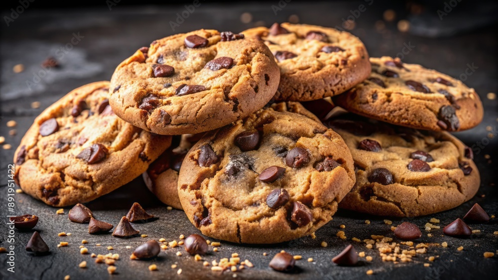Crumbly, warm, and indulgent chocolate chip cookies, freshly baked and carelessly shattered, lie in pieces on a sleek black background. Crumbly, warm, and indulgent chocolate chip cookies, freshly baked and carelessly shattered, lie in pieces on a sleek black background.