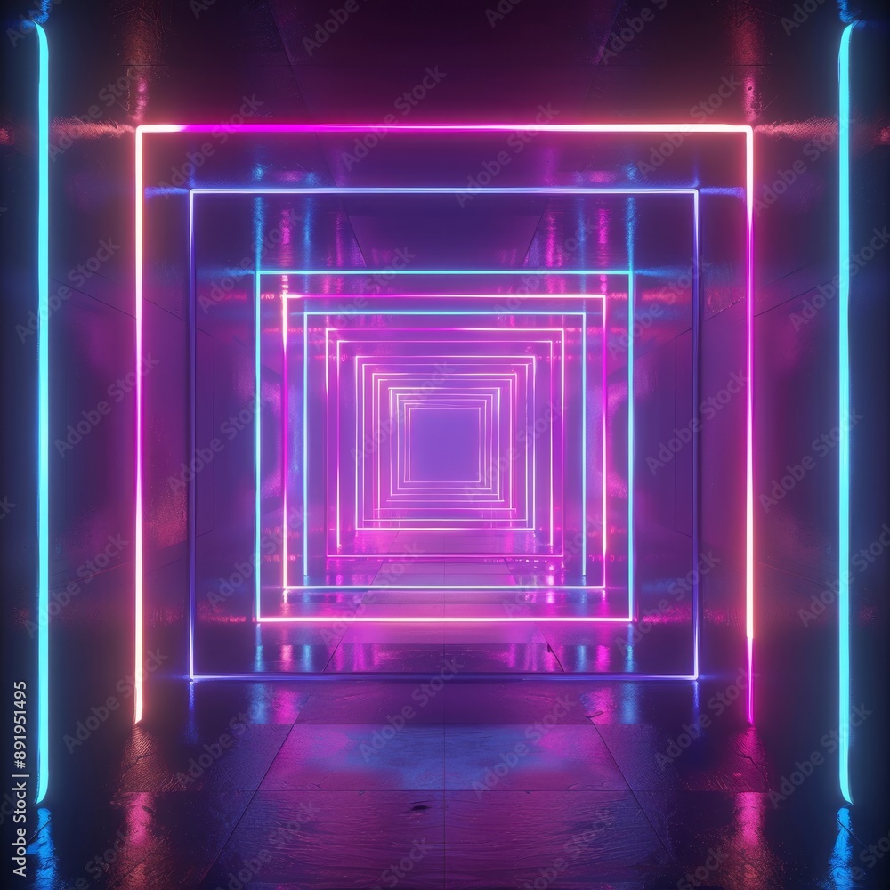 Neon tunnel with square frames. Abstract cycled background Neon tunnel with square frames. Abstract cycled background