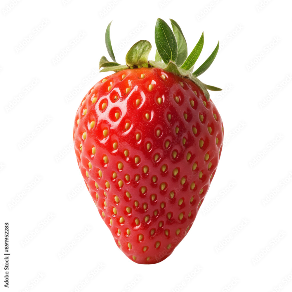A perfectly ripe and vibrant strawberry, isolated on a white background, showcasing its juicy texture and bright red color A perfectly ripe and vibrant strawberry, isolated on a white background, showcasing its juicy texture and bright red color