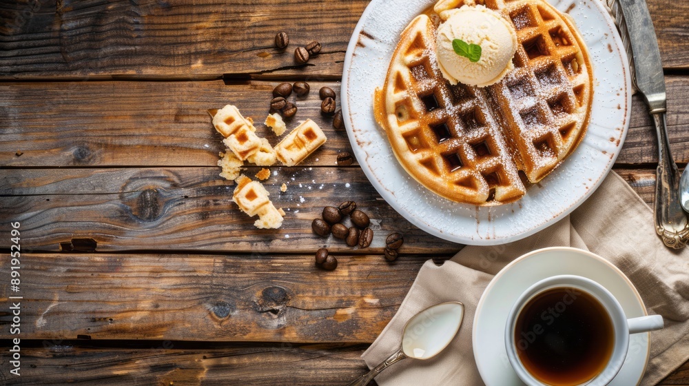 Fresh whole wheat waffles with ice cream, maple syrup and coffee on a wooden background. copy space Fresh whole wheat waffles with ice cream, maple syrup and coffee on a wooden background. copy space